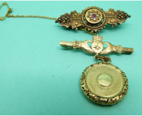 A Victorian 15ct gold brooch set with a ruby and diamonds,  9ct gold brooch and a Victorian locket 