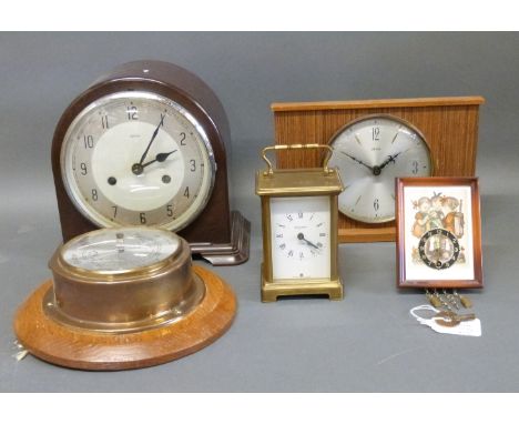 Enfield c1930 bakelite two train mantel clock, the Arabic dial with spade hands, together with a brass corniche cased mid 20t