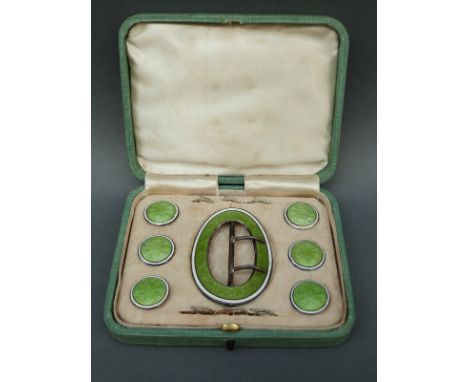 A cased hallmarked silver and guilloche enamel buckle and stud set, Birmingham 1911 maker Levi and Salaman