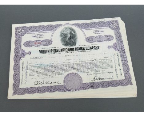 Approximately 100 Virginia Electric and Power Company USA share certificates stamped with various values, some consecutive nu