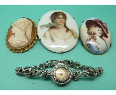 A 9ct gold mounted cameo, two portrait miniatures and a ladies cocktail watch. 