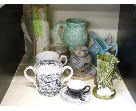 A collection of ceramics including Dresden, Sylvac, Woods, Japanese lidded jar, Ridgway Homemaker etc. 