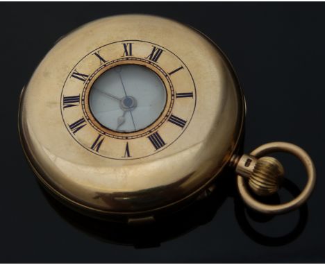 William Ballard of Leominster 18ct gold half hunter pocket watch with blue enamel Roman numerals to the case, black Roman num