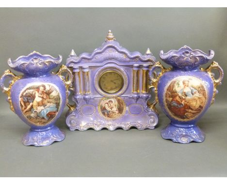 A c1900 continental ceramic clock garniture depicting courting couple, brassed Arabic dial