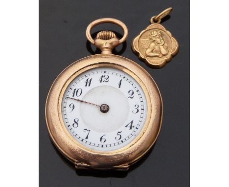 Continental 14ct gold cased ladies open faced keyless winding pocket watch with Arabic numerals, white enamel dial, engine tu