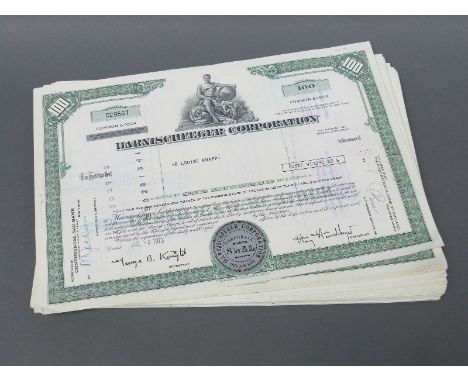 Approximately 100 Harnischeeger Corporation USA 100 share certificates 1970's, some consecutive numbers, all green and crisp 