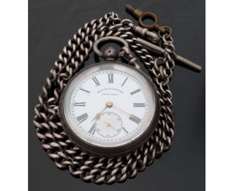 H E Peck of London silver open faced pocket watch with inset subsidiary seconds dial, gold hands, Roman numerals and engine t