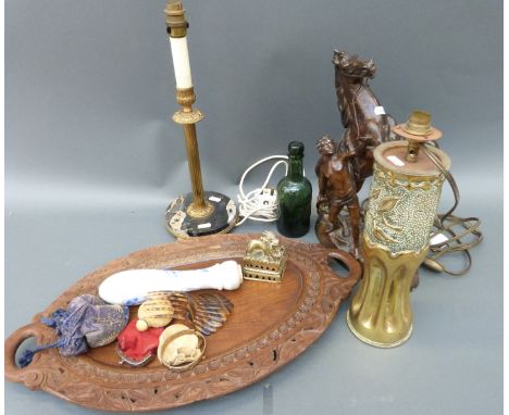 A collection of treen including trench art lamp, Marley horse, retro lamp, carved tray, bottle, Stroud interest etc