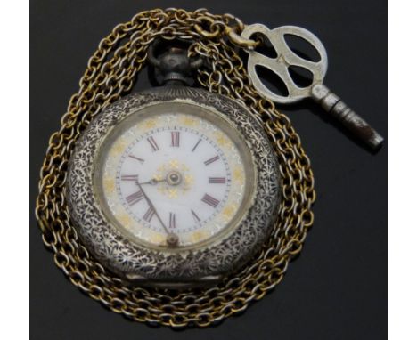 A ladies silver pocket watch with Roman numerals, gilt highlighted white enamel dial and engraved case, case diameter 36mm, o