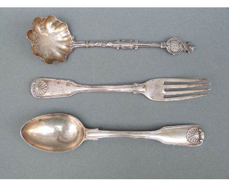 A Victorian hallmarked silver fiddle thread and shell pattern spoon and fork set, London 1884 maker's mark J & JW together wi
