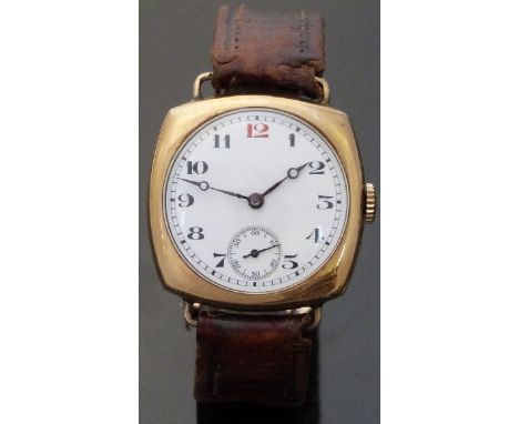 A cushion shaped gentleman's 9ct gold wristwatch with inset subsidiary seconds dial, Arabic numerals, Breguet hands and white