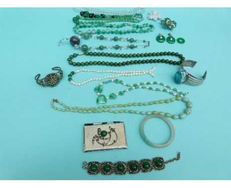 A pearl and jade necklace, jadeite necklaces, rock crystal, quartz and dyed quartz, bangles etc