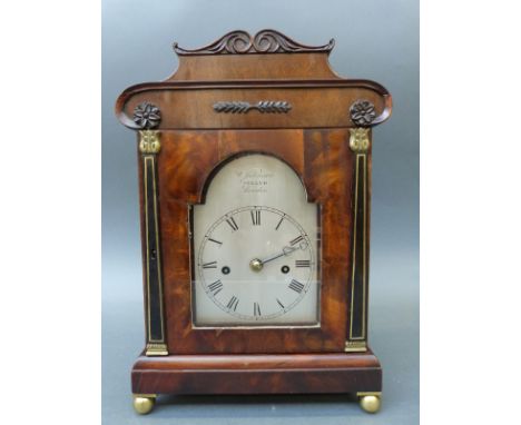 W.Johnson, The Strand, London 19th century flame mahogany shelf/mantel clock, the twin fusee movement striking on two bells w