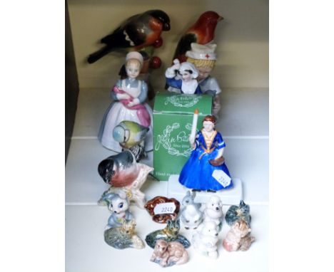 A collection of various ceramic figures etc to include Spode Copelands birds, Beswick, Royal Doulton 'The Rag Doll', Wade etc