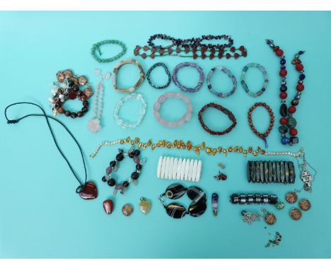 A freshwater pearl necklace, agate, moonstone, amethyst and mother of pearl bracelets, garnet necklace, etc