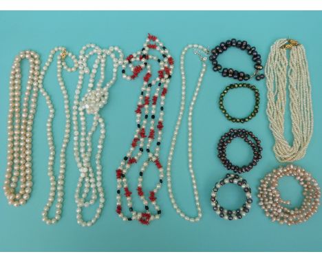 Six pearl necklaces including freshwater and cultured pearls and five freshwater pearl bracelets