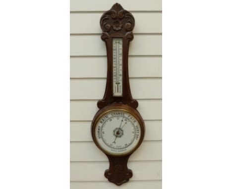 Aneroid banjo style barometer with bold lettering on white enamel dial, 20cm dial