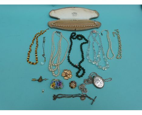 A collection of costume jewellery including pearl necklace, Gibraltar enamel sweetheart brooch, silver Albert bracelet, silve