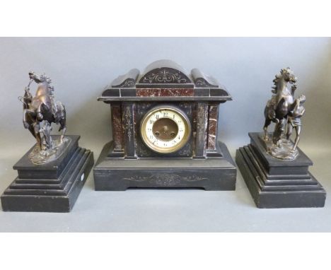 Victorian slate and marble mantel clock garniture with Marley style horses, the brass dial with enamel Arabic chapter ring & 