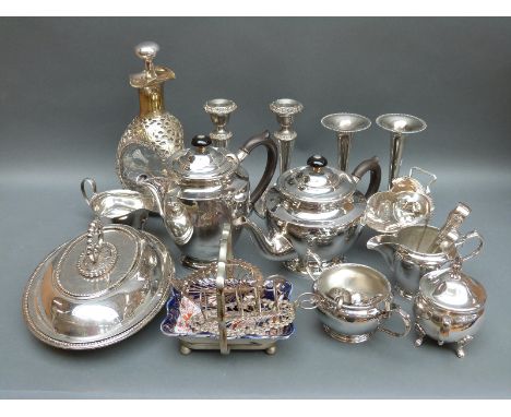 A quantity of silver plated items including teaware, dimple decanter, candlesticks etc 