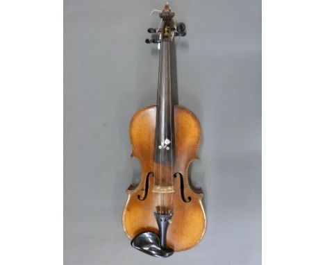 A late 19thC violin, thought to be Italian, with inlaid decoration and mother of pearl inlay to finger board and 36cm back