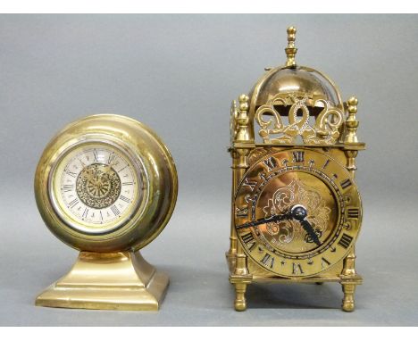 A small lantern clock together with a brass cased mantel clock