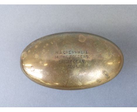 A WWI trench art hinged brass snuff box impressed H J Cresswell, Littledean, Gloucester, possible Welsh Borderers Regiment in