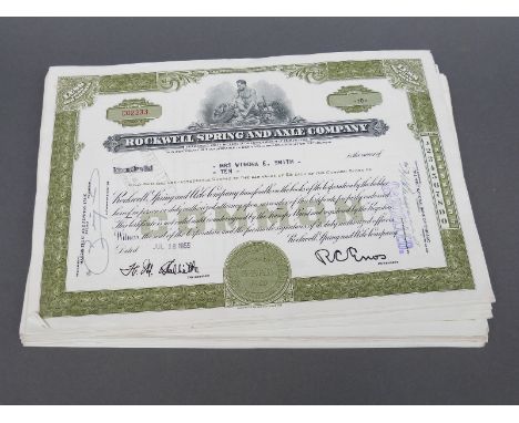 Approximately 100 Rockwell Spring and Axle Company USA share certificates stamped with various values 1-50 dating from the mi