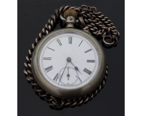 Longines white metal open faced keyless winding pocket watch with subsidiary seconds dial, Roman numerals, blued hands, white