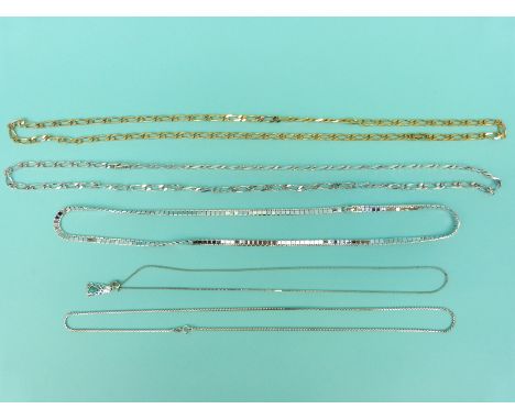 A silver pendant set with a faux opal, a silver necklace marked 835 and three costume jewellery necklaces marked Monet 