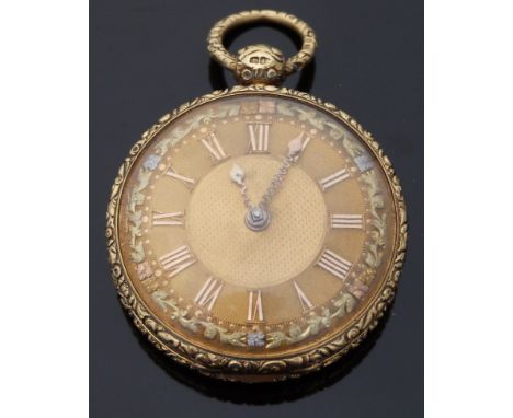 William Hickman Borough 18ct gold gentleman's pocket watch with engine turned self coloured face, applied gold Roman numerals