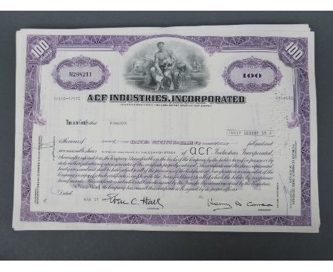 Approximately 100 USA 100 share certificates including ACF industries and Abacus Fund 1960's and 1970's (orange, blue and mau