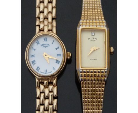 Rotary 9ct gold ladies wristwatch with Roman numerals and white face, on 9ct gold bracelet, (case diameter 15mm, 16.4g) toget