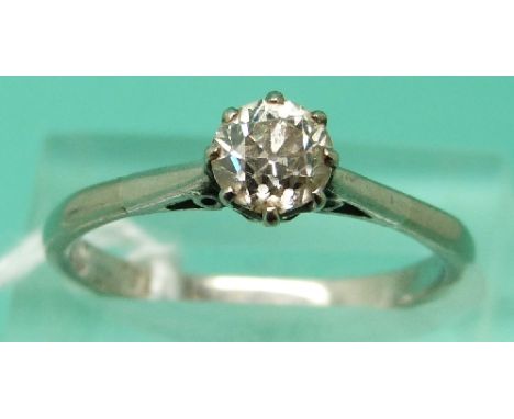 A white metal ring set with an old cut diamond of approx 0.5ct (Size O)