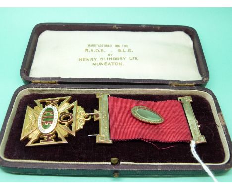 A 9ct gold and enamel R.A.O.B medal in case, c1920s, weight 32.6g all in 