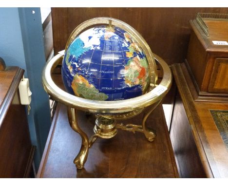 A pietra dura globe on brass stand with compass, height 35cm 