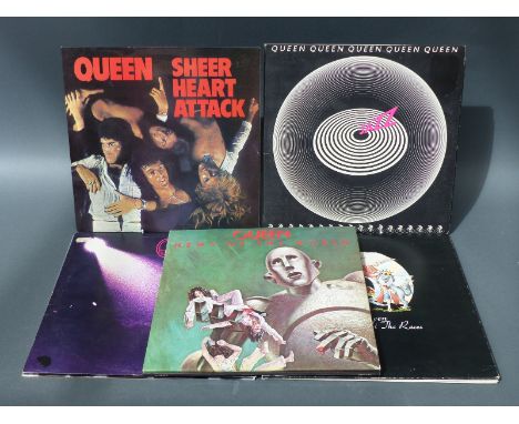 Eight Queen LPs in at least VG condition including Jazz with attached bicycle race poster, condition appears to be VG+/Ex 