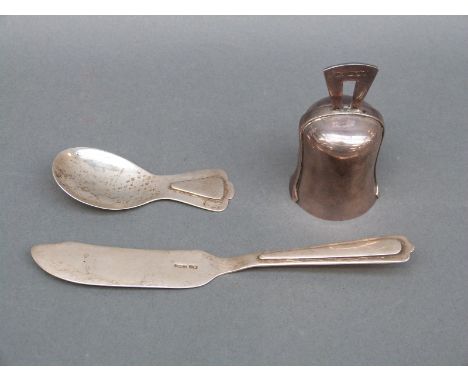 A modern hallmarked silver bell, London 1973 maker's mark Irena Rushton, height 7.5cm, and a caddy spoon and a butter knife b