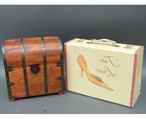 A wine caddy in the form of a dome topped trunk and a vintage shoe box, width 38cm 