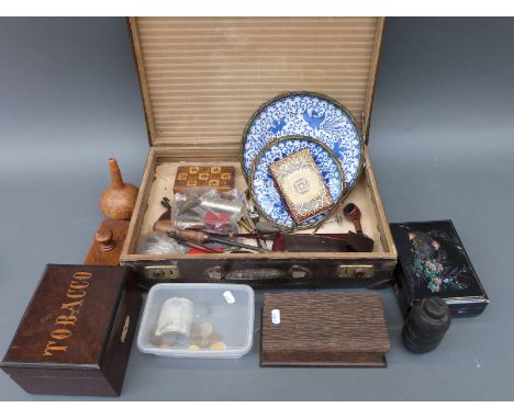 A collection of treen including boxes, Middle Eastern compact marked 84, white metal and enamel folding glasses, hat pin, let