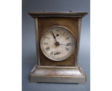 Late 19th century musical German made mantel/shelf clock in brass and plated case with chased decoration to front, the Swiss 