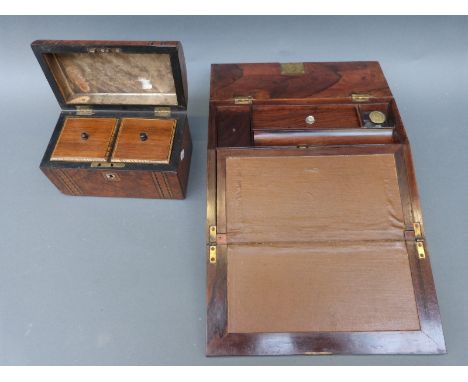 A 19thC inlaid walnut dome top two division tea caddy, width 20.5cm and a mother of pearl rosewood writing slope, width 30.5c