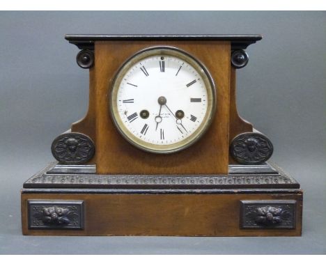 F J Watson Manchester late Victorian mantel clock with ebonised decoration to carved case and enamel Roman dial with Breguet 