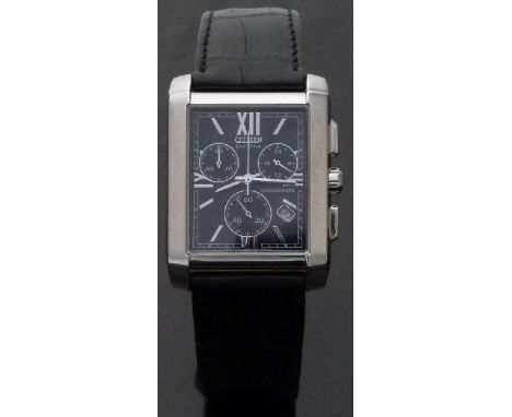 Citizen Eco-Drive gentleman's chronograph wristwatch with date aperture, stainless steel hands and markers and black face, in