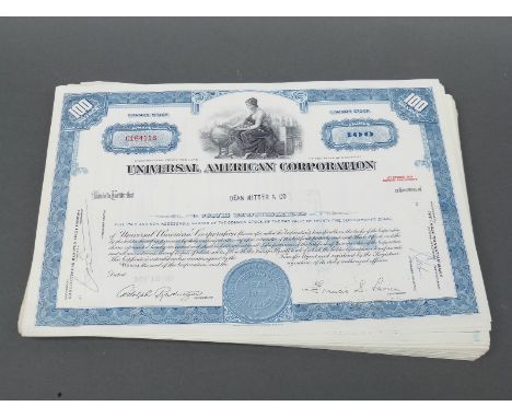 Approximately 100 (banded) Universal American Corporation USA 100 share certificates all blue for 1967, some consecutive numb