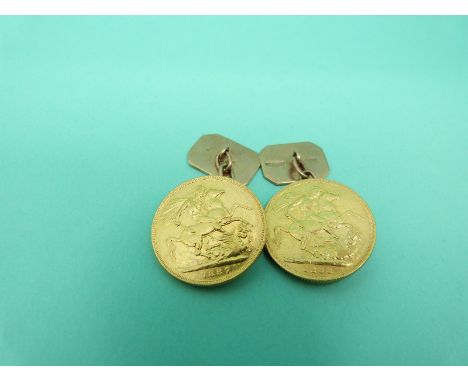 Two Jubilee head gold full sovereigns made up as a pair of gentleman's cufflinks, Queen Victoria 1887 & 1888, weight 20.7g