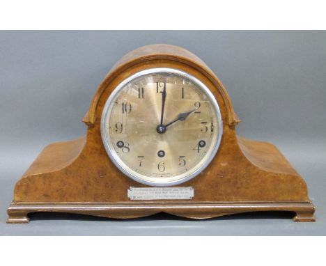 A Napoleon hat style c1930 mantel clock in case with walnut veneered decoration, the movement with Whittington chime, Stroud 