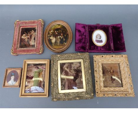 Seven prints and portrait miniatures including reverse examples on curved glass