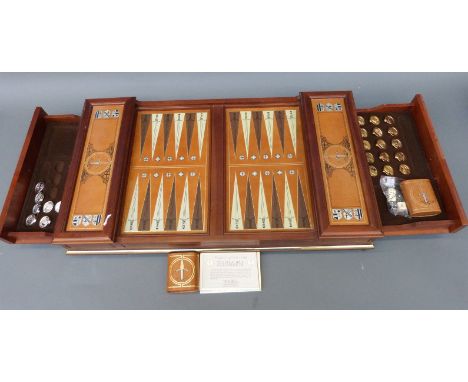 Excalibur backgammon set by Franklin Mint, playing pieces in silver and gold plate with certificates