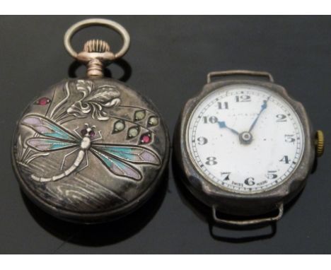 A silver fob watch set with enamel and red paste in the form of a dragonfly together with a silver ladies wristwatch. 